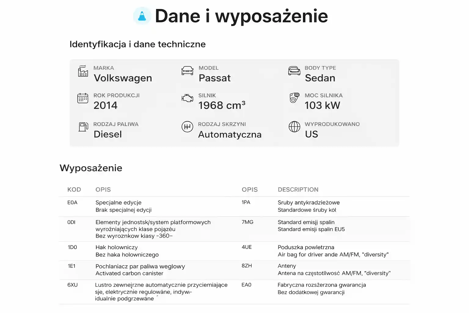 Specyfikacja techniczna pojazdu