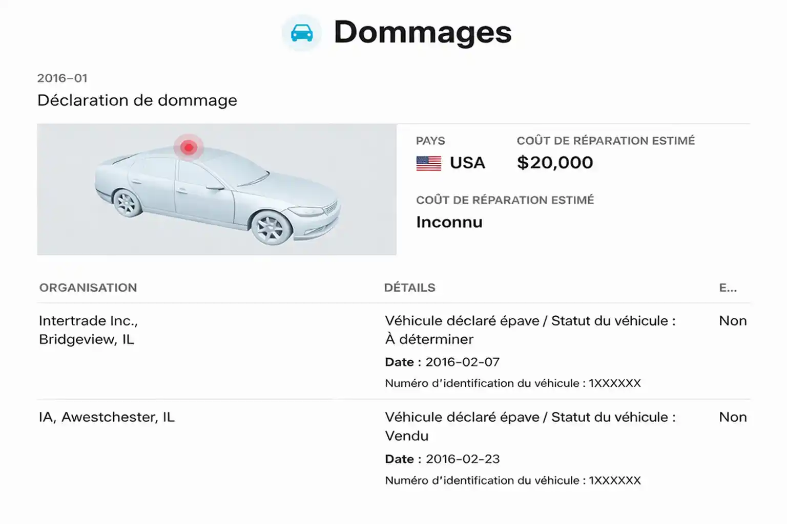 Rapport d'historique des dommages